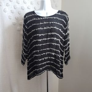 Black and White Striped Fuzzy  Sweater 3/4 Sleeve